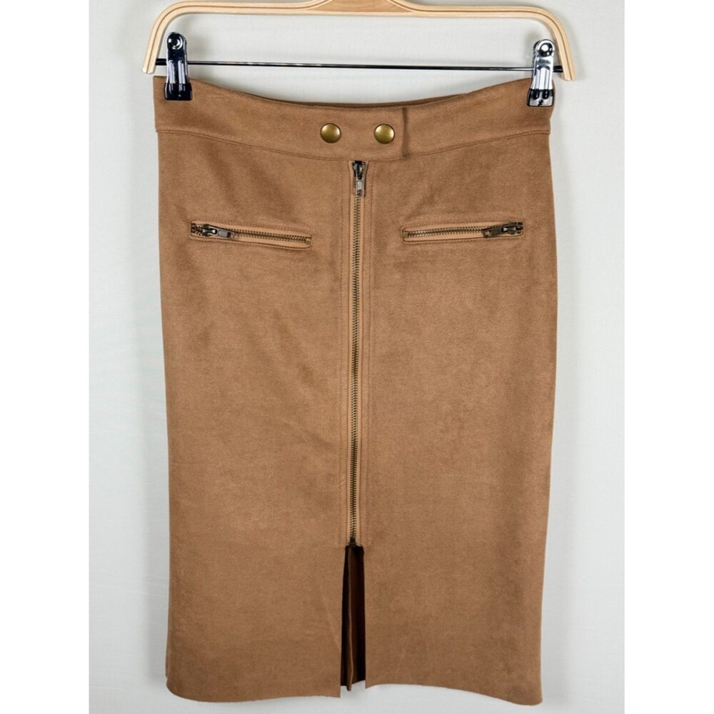 Fate Camel Faux Suede Pencil Skirt Zip Front Slit Midi Small